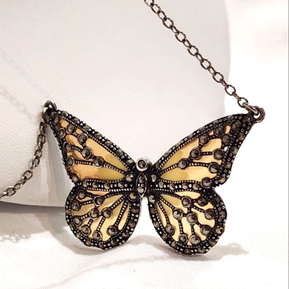 Art Nouveau Plique-a-Jour Enamel Sterling Marcasite Butterfly Necklace Vintage